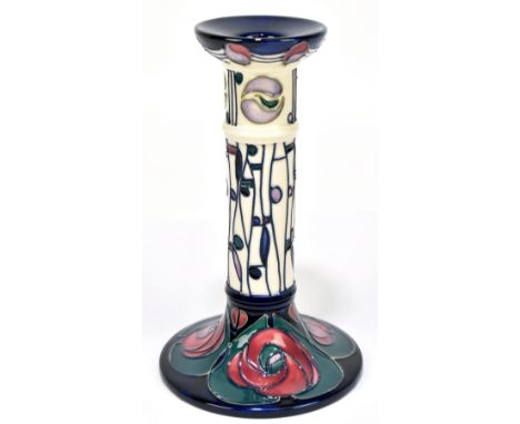 MOORCROFT; a cream and blue ground candlestick, 'A Tribute to Charles Rennie Mackintosh', impressed marks to base, height 21c