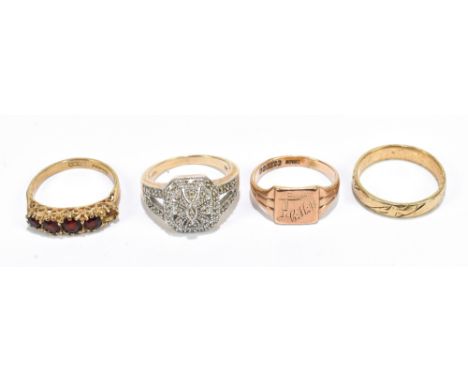 Four 9ct yellow gold rings, including an engraved signet ring and a wedding band, combined approx. 13g.