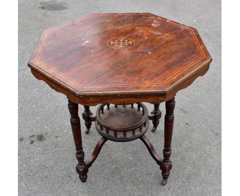 A Victorian inlaid rosewood octagonal occasional table, on turned column supports with circular undertier shelf, width 75cm, 