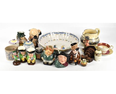 An assortment of 19th century and later ceramics including a Quimper footed bowl decorated with a seated male and a maiden, d