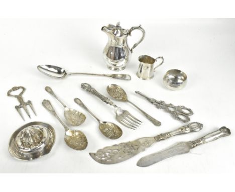 A small selection of 19th century and later silver plated items to include a Fiddle pattern basting spoon, a lemon squeezer a