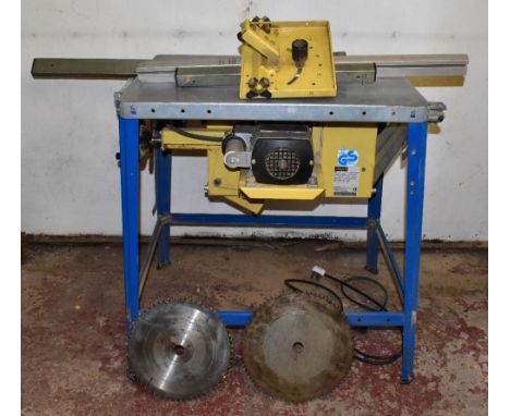 A Scheppach circular table saw, complete with two saws and dust cover, height 83cm and width a longest point 120cm.NB: PLEASE