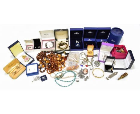 Assorted costume jewellery including a lady's Perfex wristwatch, amber-style beads, various earrings.