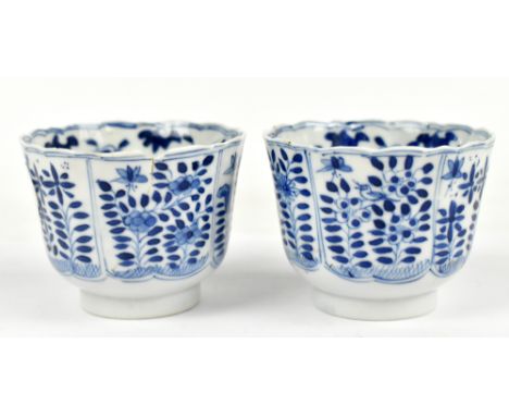 A pair of Chinese blue and white porcelain footed rice bowls, with floral decoration, each bearing Kangxi double ring and fou