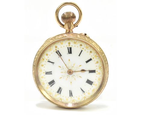 A 9ct yellow gold crown wind fob watch, the case with engine turned decoration surrounding a vacant shield shaped cartouche, 