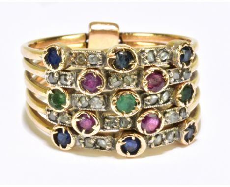 A yellow metal five strand diamond, emerald, ruby and sapphire multiband ring, size P 1/2, approx 7.5g.Additional Information