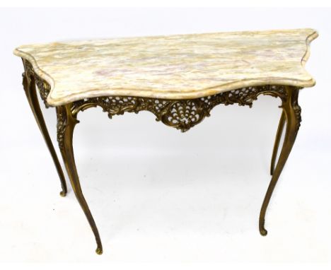 A French Louis XV style marble top and cast brass serpentine console table, on cabriole legs, height 73cm, width 109cm, depth