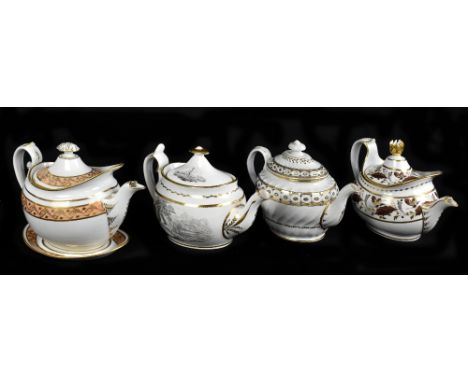 Four English porcelain teapots and covers, comprising Flight, Barr & Barr teapot, cover, and stand, decorated with gilt panel