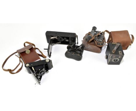 KODAK; a Six-20 folding camera, together with two further assorted cameras including an Ensign and Box Brownie example, also 