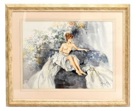 GORDON KING (born 1939); watercolour, seated female nude upon a sofa, signed lower right, 50 x 67cm, framed and glazed. (D)Ad