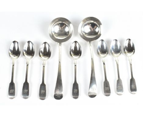 A pair of George III hallmarked silver Old English pattern sauce ladles, London 1804, with a set of six hallmarked silver Fid