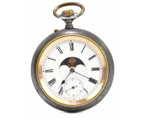 A rare base metal Mars 26 pocket watch with reverse calendar, moon phase section and subsidiary seconds dial to the white ena