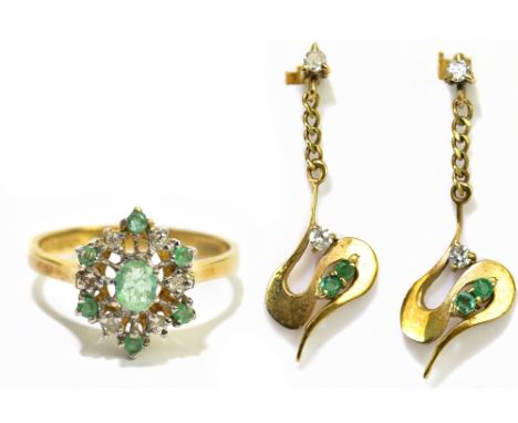 A 9ct yellow gold floral dress ring set with tiny diamonds are pale green stones, size N 1/2, and a pair of 9ct yellow gold d