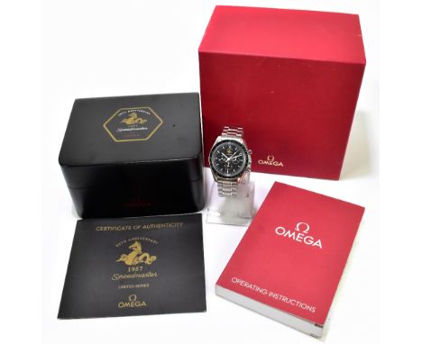 OMEGA; a gentleman's Speedmaster Professional moon watch, '50th Anniversary Patch' limited edition, the black dial set with b