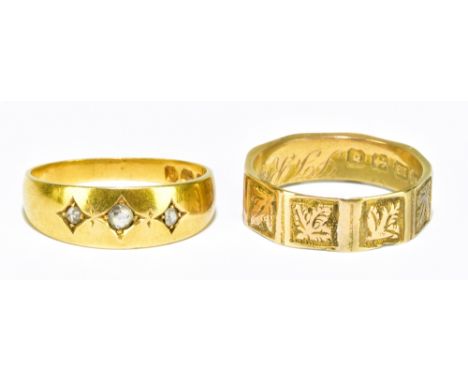 A late Victorian 18ct yellow gold and three stone diamond ring, Sheffield 1897, size O, approx 3.56g, and an 18ct yellow gold