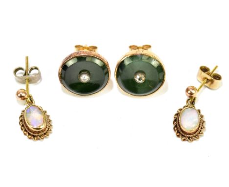 A pair of 9ct yellow gold mounted nephrite, jade and diamond ear studs, diameter of platform approx 12mm, approx 4.35g, and a
