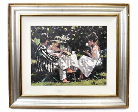 SHEREE VALENTINE DAINES (born 1959); a signed limited edition print, 'Tea on the Lawn', edition 182/195, 25 x 50cm, framed. (