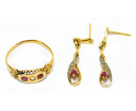 An 18ct yellow gold ruby and diamond three stone ring, size O, approx 2.2g, also a pair of 9ct yellow gold drop earrings appr