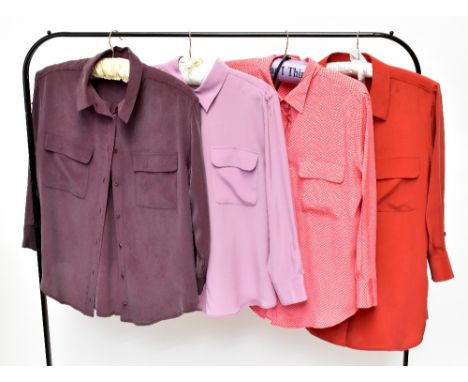 EQUIPMENT; a red 100% silk lady's blouse, size large, and three 100% silk blouses, one mulberry, one light purple and one abs