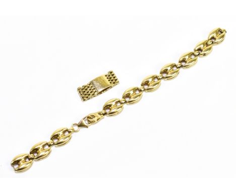 A yellow metal oval link bracelet stamped 375, length 17.5cm (af), approx 16.3g, and a bracelet designed ring stamped 14k, si