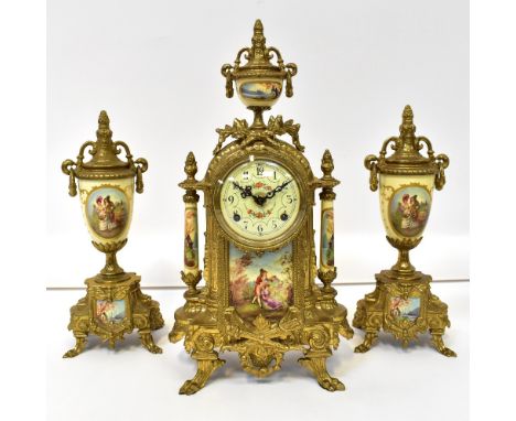 Two modern reproduction clock garnitures in the antique French style, with key wind chiming movement, the clock with painted 