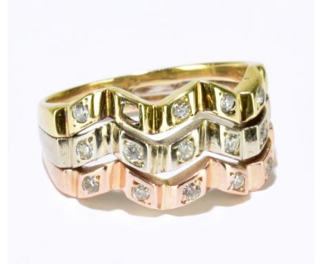 A yellow, white and rose gold three band ring set with fifteen tiny round brilliant cut diamonds (one loose but pre4.4g.sent)