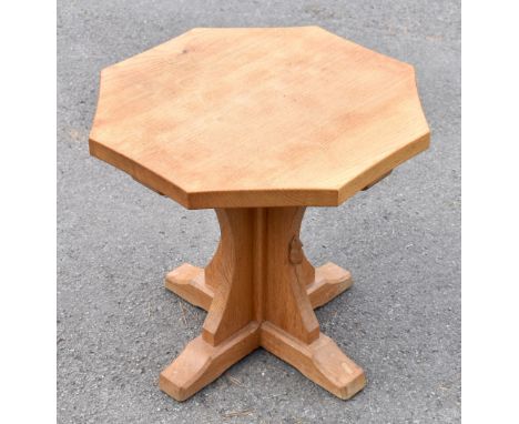 WORKSHOP OF ROBERT 'MOUSEMAN' THOMPSON; an oak octagonal coffee table on quatroform base, height 48cm, width 50cm.Additional 