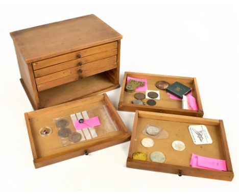 An early 20th century pine seven drawer collector's chest, plus items including a hallmarked silver vesta case, a piano shape