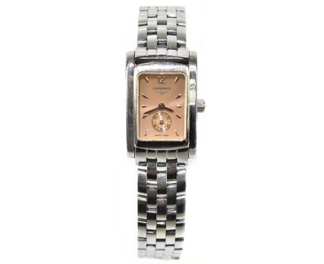 LONGINES; a lady's stainless steel 'Dolce Vita' wristwatch with baton markers and subsidiary seconds hand to the rectangular 