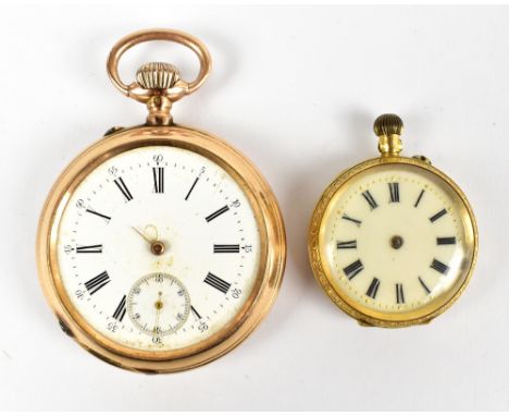 An 18ct yellow gold lady's fob watch, with enamel dial set with Roman numerals, and a 14ct yellow gold gentleman's pocket wat