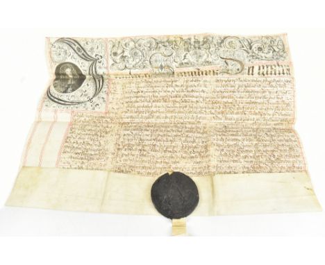 A King James II vellum legal document with wax seal, the folded document with engraved portrait of the King, and Latin text i