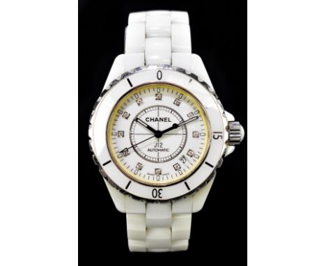 CHANEL; a white High-Tec ceramic automatic 38mm lady's watch with ceramic bezel, white lacquer dial with twelve diamond set h
