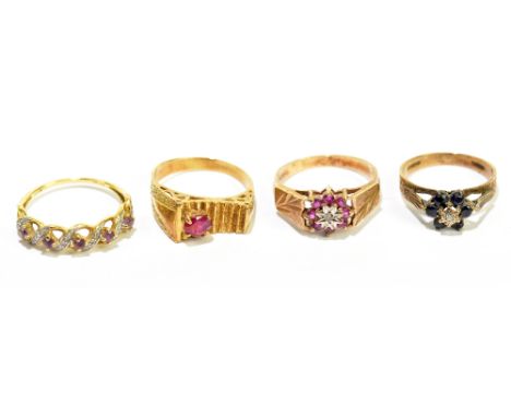 Three 9ct yellow gold dress rings and an unmarked yellow metal dress ring, combined 12.54g (4).