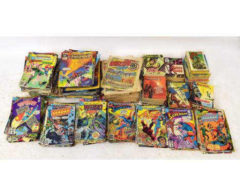 A collection of DC comics, including Action Comics, Star Squadron, Green Lantern, Firestorm, Captain America, The Flash, Worl
