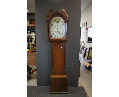 19th century Oak 8 Day Longcase Clock, the hood with Swan Neck Pediment surmounted by Brass Eagles and Brass Eagle Central Fi