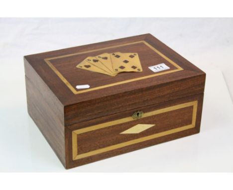 Large Wooden Playing Card Box with Boxwood Inlay and Applied Boxwood Playing Cards to Lid, 31cms long