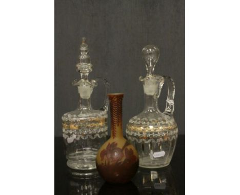 Two similar 19th century Glass Claret Jugs with pate sur pate decoration together with a Galle Style Vase