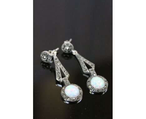 Pair of Silver Marcasite and Opal Paneled drop Earrings