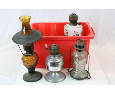Victorian Oil Lamp with Glass Overpainted Well together with Four Other Oil Lamps