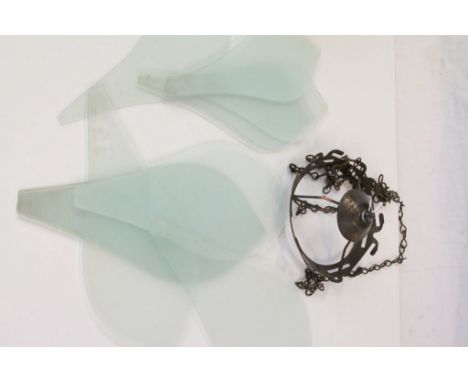 Art Deco frosted glass hanging lamp shade in the form of a flower comprising six large and six small frosted glass petals, ea