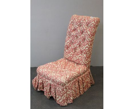 Victorian Mahogany Framed Bedroom Chair with Later Button Back Upholstery, raised on turned legs with castors