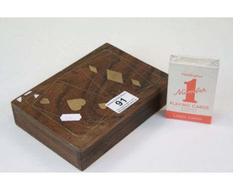 Hardwood Playing Card Box with Brass Inlay depicting Playing Cards