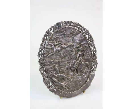 Silver Backed Mirror with Embossed Hunting Scene, London 1880 maker EJB