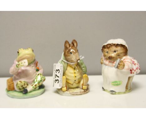 Three Beswick Beatrix Potter's Figures including Mrs Tiggy-Winkle, Mr Benjamin Fisher and Samuel Whiskers, all BP-2 backstamp