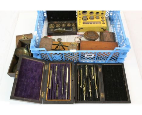 Two wooden cased geometry sets (parts missing) together with W &amp; J George &amp; Becker Ltd set of weights, another simila