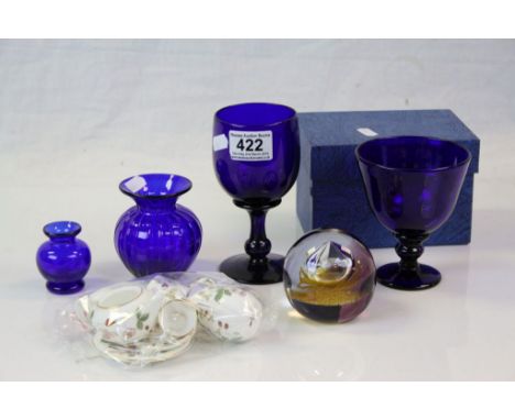 Two Bristol Blue Glass Goblets together with Two Small Vases plus Caithness ' Caliph ' Glass Paperweight and a Wedgwood Minia