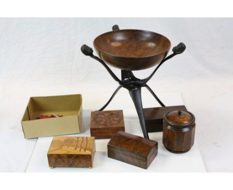 Mixed Lot including Wooden Fruit Bowl, Four Wooden Boxes, Oak Tea Caddy, Hooking Fish Game and an African Ebony Table Stand c