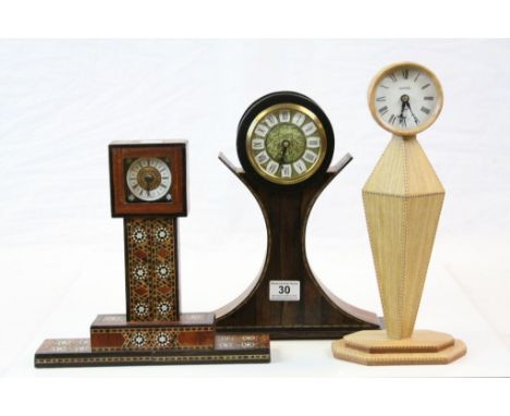 Three hand made Wooden Mantle Clocks, all with varying amounts of Marquetry inlay and Quartz movements, tallest clock stands 
