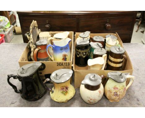 Collection of Seventeen Victorian and Late Water Jugs, some with Pewter Lids together with Berenice Kate Alcock Sculptural Ce