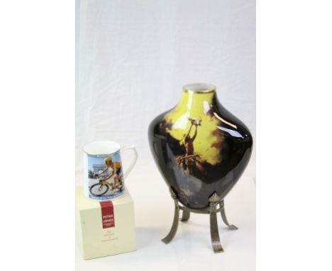 Franklin Mint Ceramic Urn and Metal Stand showing a Native American on Horseback holding a Buffalo Skull (contained in it's f